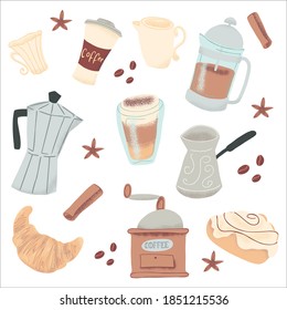 hand drawn coffee set isolated on white background. Vector illustrations of coffee cups, buns and croissant, spices and other coffee accessories.