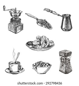 Hand drawn coffee set. Isolated on a white background