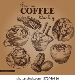 Hand drawn coffee set isolated on the background texture of the old paper. Hot drinks sketch elements. Retro hand-drawn vector illustration. Great for menu, poster, banner, voucher, coupon.