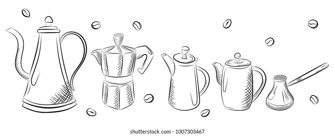 Hand drawn coffee set. Coffee kettle, french press, moka pot and cezve. Vector hand drawn illustration set of coffee preparation