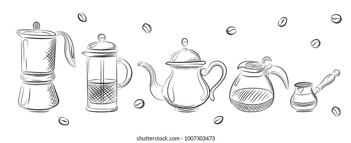 Hand drawn coffee set. Coffee kettle, french press, moka pot and cezve. Vector hand drawn illustration set of coffee preparation