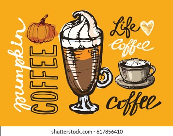  Hand drawn coffee set. Latte with pumpkin vector illustration.