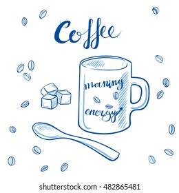 Hand drawn coffee set with lettering. Vector illustration.