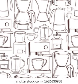 Hand drawn coffee set. Сoffee makers  and grinders. Vector  seamless pattern.