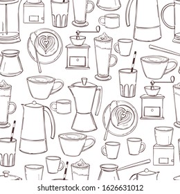 Hand drawn coffee set. Сoffee makers  and grinders. Vector  seamless pattern.
