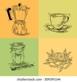 Hand drawn coffee set. Moka pot, sugar bowl, cup, saucer vector. Vector vintage coffee posters. Set of coffee vector graphic design element. Vector coffee maker, dessert