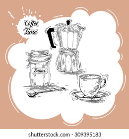 Hand drawn coffee set. Moka pot, sugar bowl, cup, saucer vector. Vector vintage coffee posters. Set of coffee vector graphic design element. Vector coffee maker, dessert