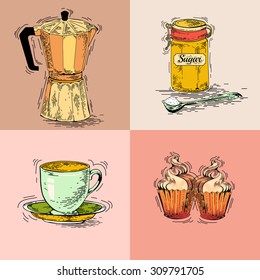 Hand drawn coffee set. Moka pot, sugar bowl, cup, saucer, cupcake vector. Vector vintage coffee poster. Set of coffee vector graphic design element. Vector coffee maker, dessert