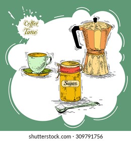 Hand drawn coffee set. Moka pot, sugar bowl, cup, saucer vector. Vector vintage coffee posters. Set of coffee vector graphic design element. Vector coffee maker, dessert