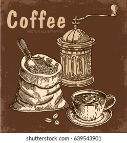Hand drawn coffee set on a dark background. A bag of coffee, a hand-held coffee grinder, a cup of coffee.