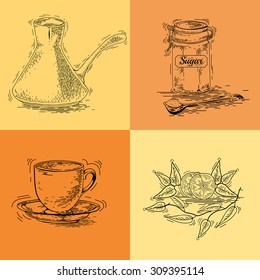 Hand drawn coffee set. Coffee pot, sugar bowl, cup, saucer vector. Vector vintage coffee poster. Set of coffee vector graphic design element. Vector turkish coffee maker