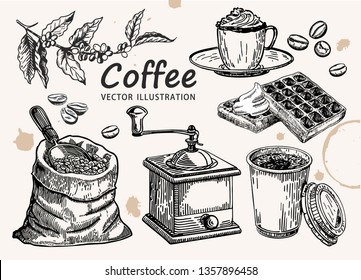 Hand drawn coffee set. Coffee sketch.