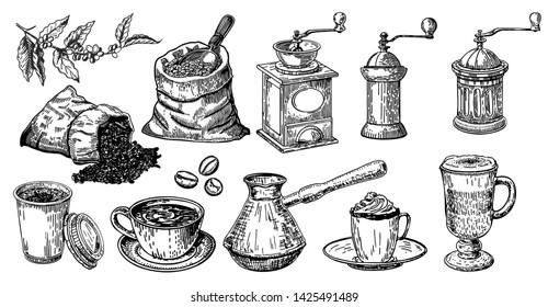 Hand drawn coffee set. Sketch. Bags, coffee grinder, Turk for brewing coffee, coffee in a plastic glass, americano, latte, mocha