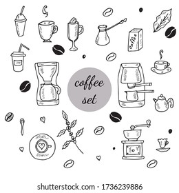 Ilustración de boceto de juego de café dibujado a mano. Diseño de menús para café, restaurante, cafetería, diseño de doodles.
