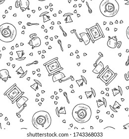 Hand drawn coffee set sketch  illustration. Menu design for cafe, restaurant, coffee shop, doodle style. Seamless pattern. Repeated texture for wrapping paper.