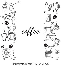 Hand drawn coffee set sketch  illustration, banner. Menu design for cafe, restaurant, coffee shop, doodle design.