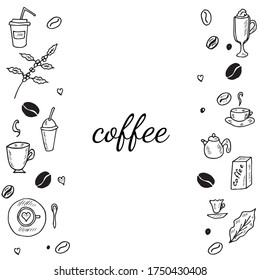 Hand drawn coffee set sketch  illustration, banner. Menu design for cafe, restaurant, coffee shop, doodle design.