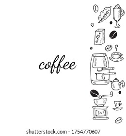 Hand drawn coffee set sketch  illustration, banner. Menu design for cafe, restaurant, coffee shop, doodle design.