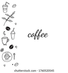 Hand drawn coffee set sketch  illustration, banner. Menu design for cafe, restaurant, coffee shop, doodle design.