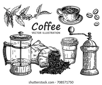 Hand Drawn Coffee Set. Coffee Sketch.