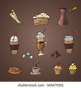 Hand drawn coffee set with sugar and cakes