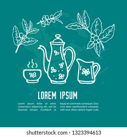 Hand drawn coffee set with text frame isolated on blue background. Doodle style. Template for cafe menu, leaflets, posters or cooking book. Vector illustration.