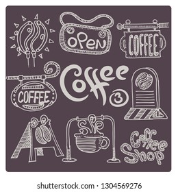 Hand drawn coffee set. A variety of signs