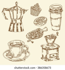 Hand drawn coffee set. Vector illustration in sketch style