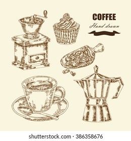 Hand drawn coffee set. Vector illustration in sketch style