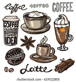 Hand drawn coffee set. Vector illustration.