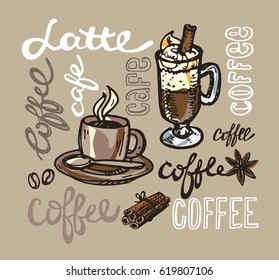 Hand drawn coffee set. Vector illustration.