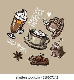 Hand drawn coffee set. Vector illustration.