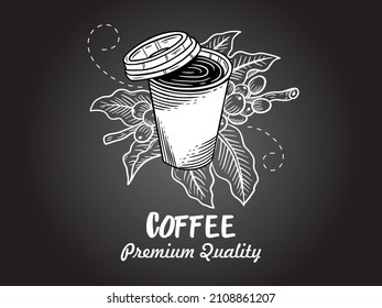 Copa de frijoles de la tienda de café dibujado a mano con ilustración de fondo de rama