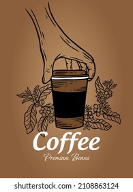 Hand Drawn Coffee Shop Beans Cup with Branch Background illustration