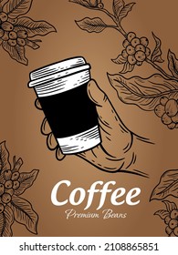 Hand Drawn Coffee Shop Beans Cup with Branch Background illustration