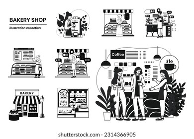 Hand Drawn Coffee shop with female barista collection in flat style illustration for business ideas isolated on background