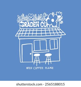 hand drawn coffee shop with flowers illustration