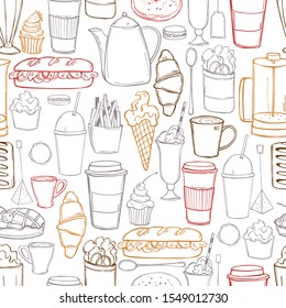 Hand drawn coffee shop food. Vector seamless pattern  