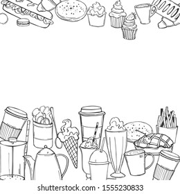Hand drawn coffee shop food . Vector  background. Sketch illustration.
