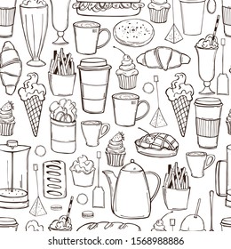 Hand drawn coffee shop food. Vector seamless pattern  