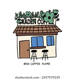 hand drawn coffee shop with garden illustration