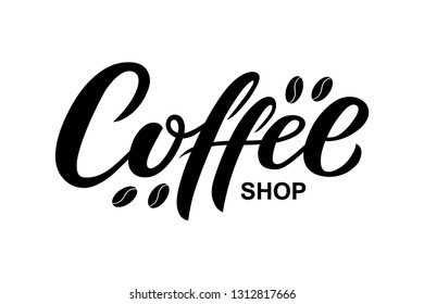 Hand drawn Coffee shop text, typography lettering poster, calligraphy logo. Beans signs, drink logotype, badge. Coffee shop design template, vector illustration. Pricelist decor, label.