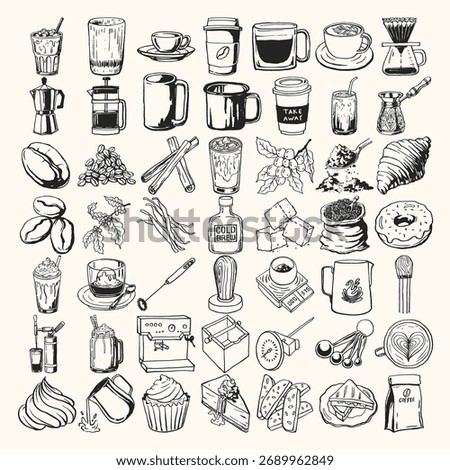 Hand Drawn Coffee Shop Vector Set, cafe Drinks, Desserts, and Barista Elements