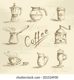 Hand drawn coffee sketch set. Vector