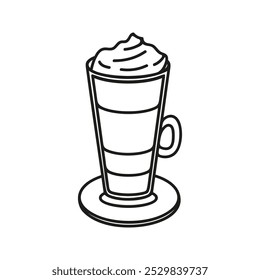 Hand drawn coffee with steamed cream glass cup. Cafe beverage doodle illustration for menu design