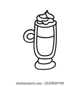 Hand drawn coffee with steamed cream glass cup. Cafe beverage doodle illustration for menu design