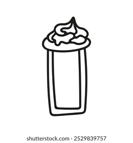 Café desenhado à mão com copo de vidro de creme cozido no vapor. Ilustração de doodle de bebida de café para design de menu