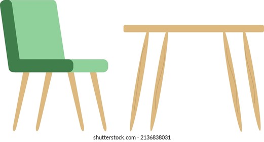 Hand drawn Coffee table on white background. Modern elegant home decor table. Fashionable chair with soft fabric. Chair in profile. vector illustration. Green chair with wooden legs.