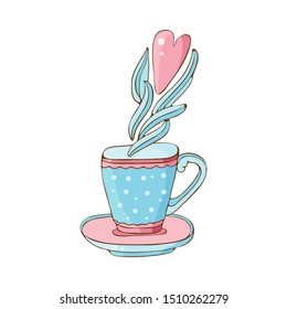 Hand drawn coffee and tea cup vector illustration. Espresso, cappuccino, latte, Irish, mocha. Isolated object on white background in vector. Pastel pink and blue colors. Cute Doodle