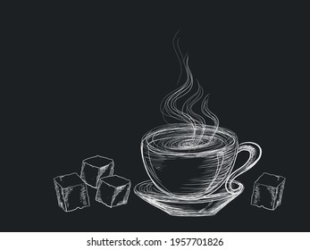 Hand drawn Coffee, Tea cup. Vector  coffee or tea cup with sugar cubes. Isolated on white background. Empty place for text. Can be used as Background, Design Elements or as wallpaper. Interior Design